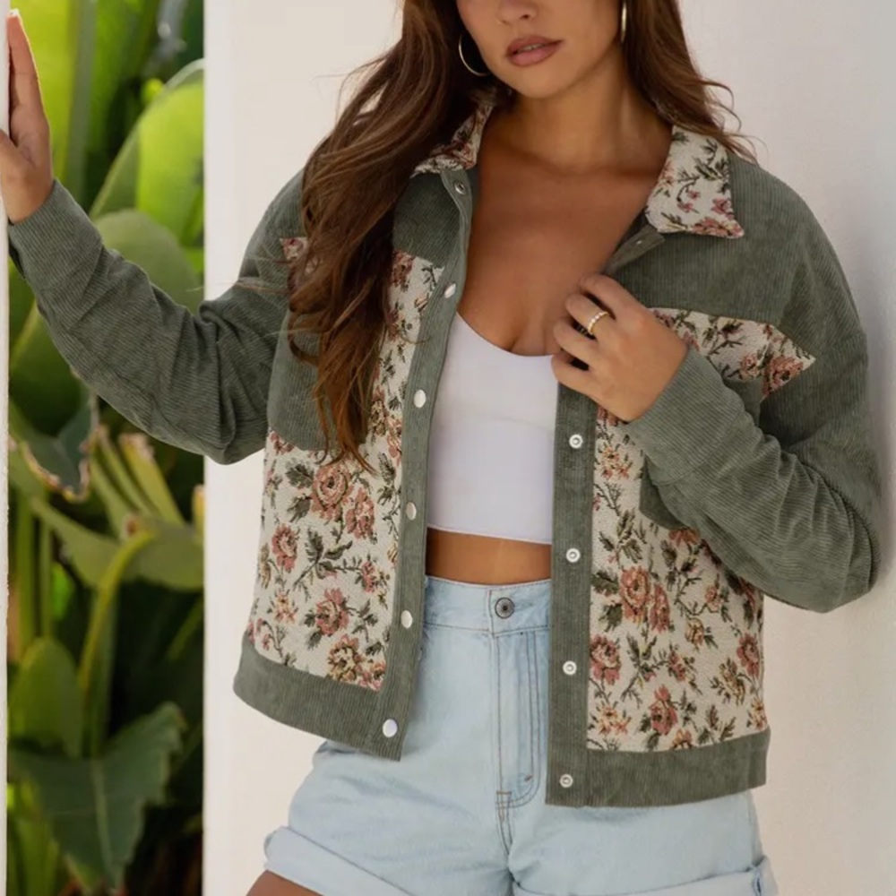 Retro Floral Corduroy Ribbed Jacket - Green - Picture 2 of 4